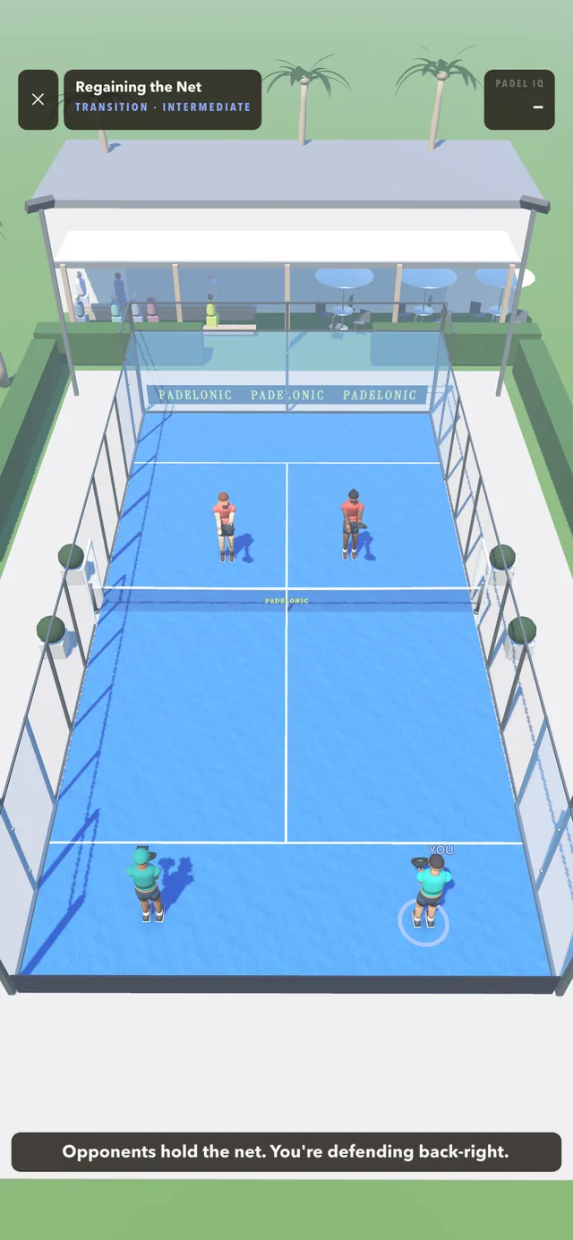 The 3D court mid-rally, the moment before the freeze